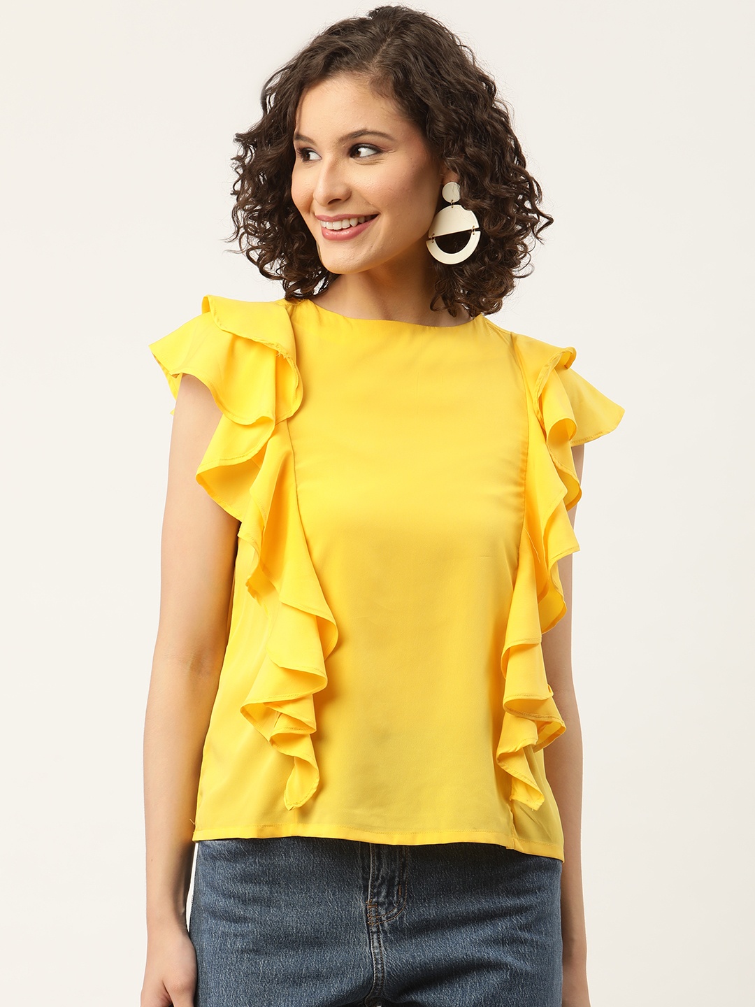 

ZIZO By Namrata Bajaj Women Flutter Sleeves Boat Neck Crepe Top, Yellow
