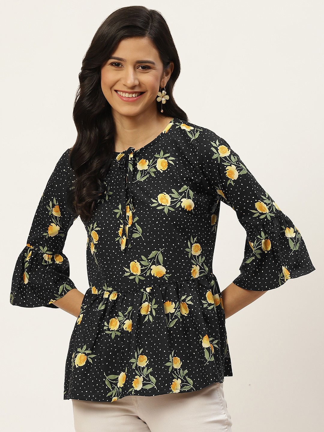 

ZIZO By Namrata Bajaj Black Floral Print Tie-Up Neck Crepe Cinched Waist Top