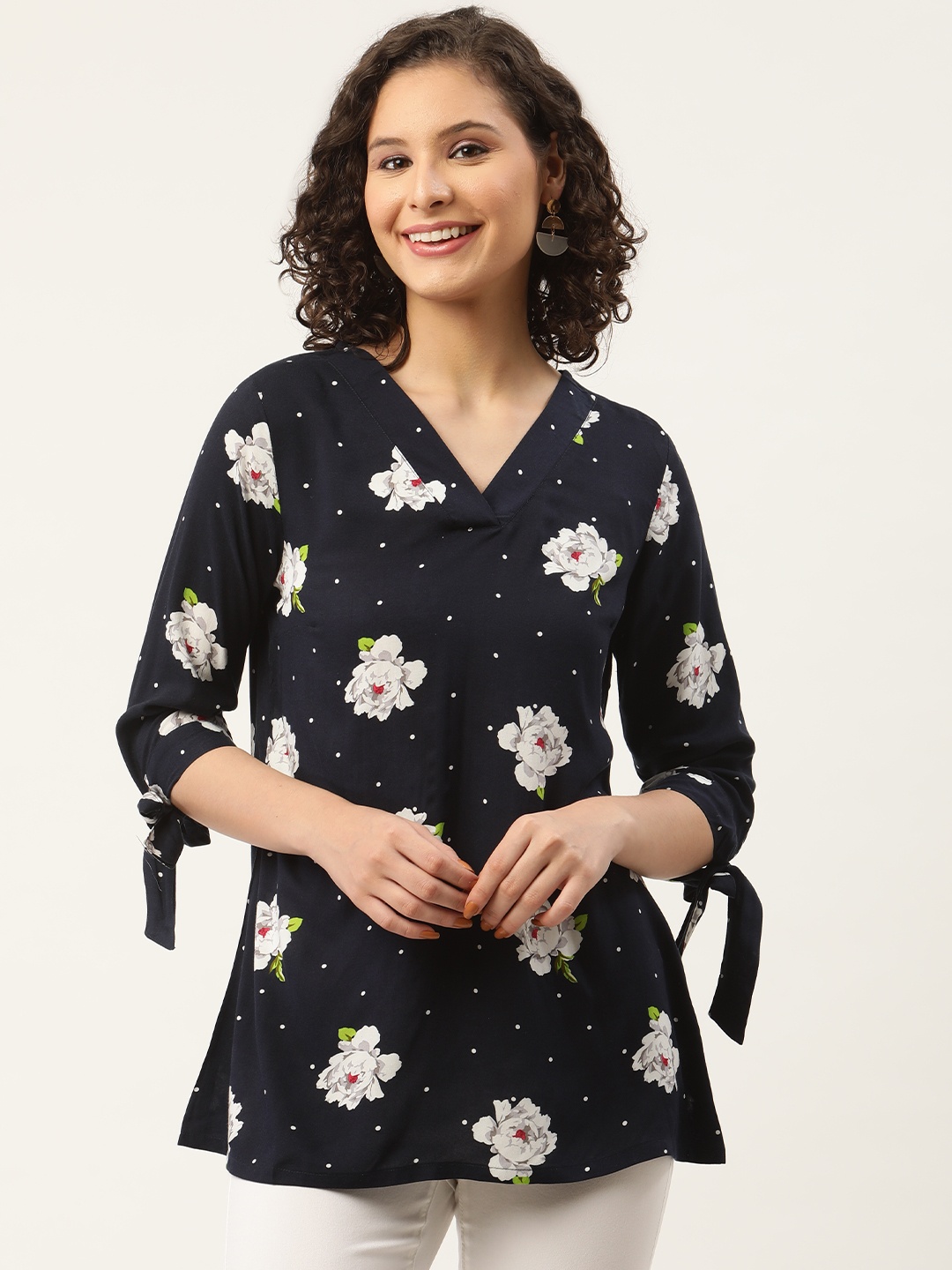ZIZO By Namrata Bajaj Women Navy Blue & White Floral Print Peplum Top