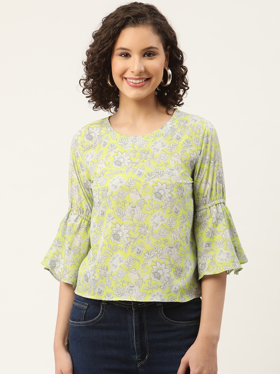 

ZIZO By Namrata Bajaj Women Lime Green & Grey Floral Print Crepe Top