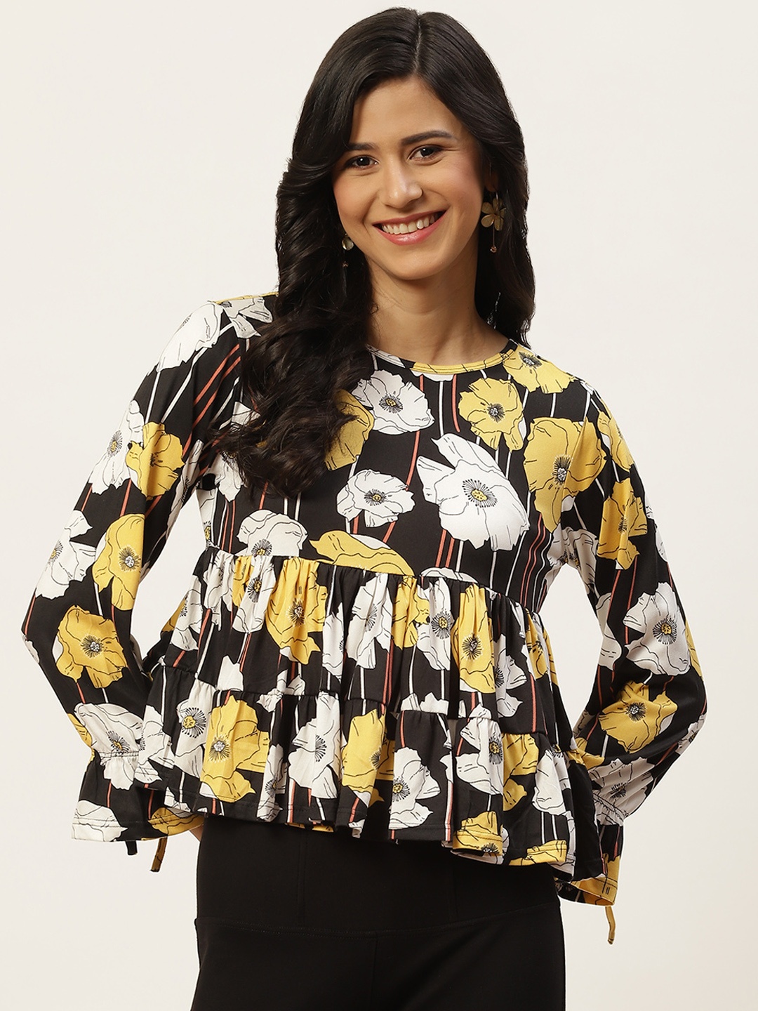 

ZIZO By Namrata Bajaj Black Floral Print Peplum Top