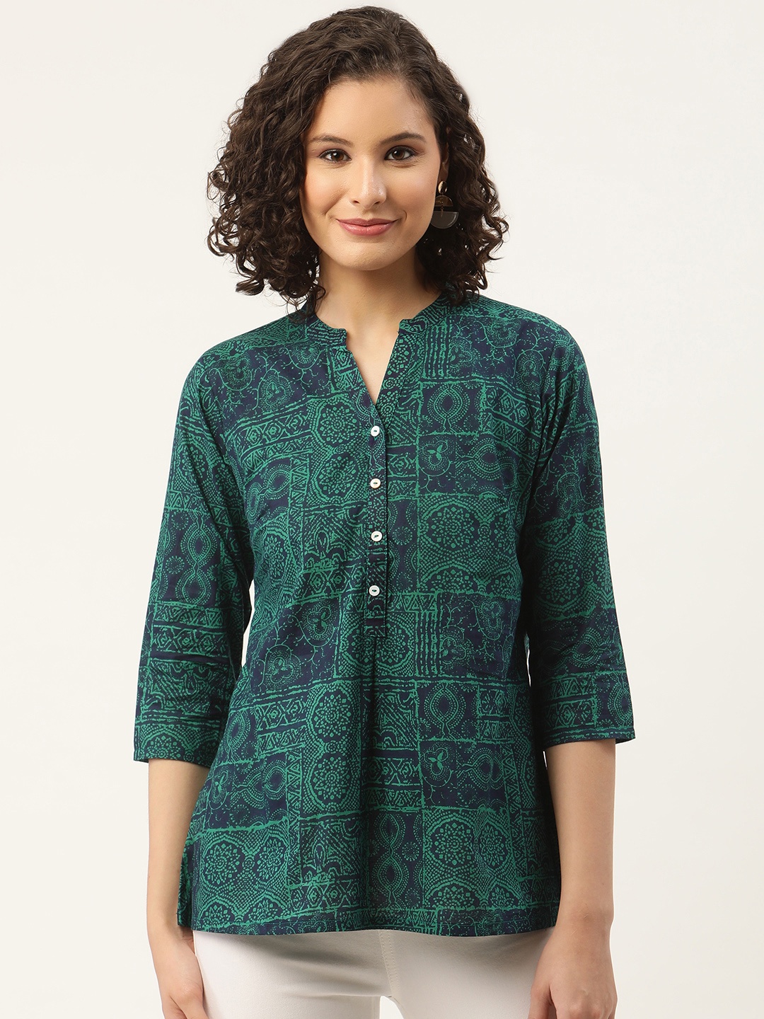 

ZIZO By Namrata Bajaj Women Printed Mandarin Collar Shirt Style Crepe Top, Green