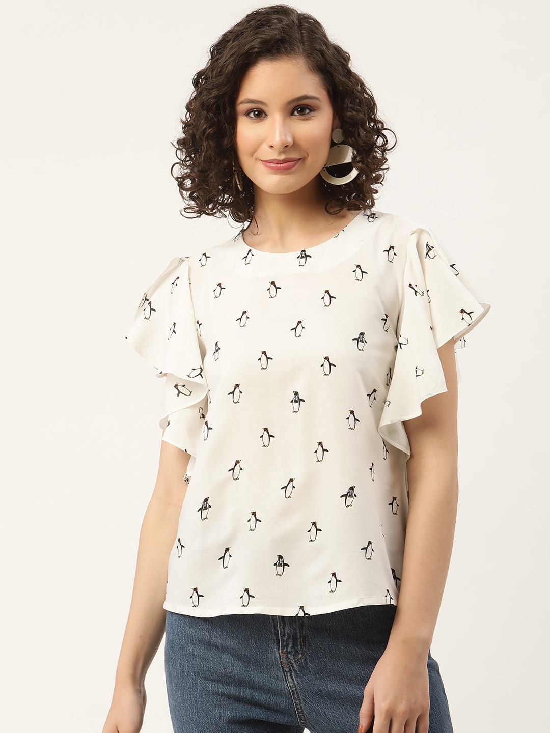 

ZIZO By Namrata Bajaj Women White & Black Penguin Print Flutter Sleeves Crepe Top
