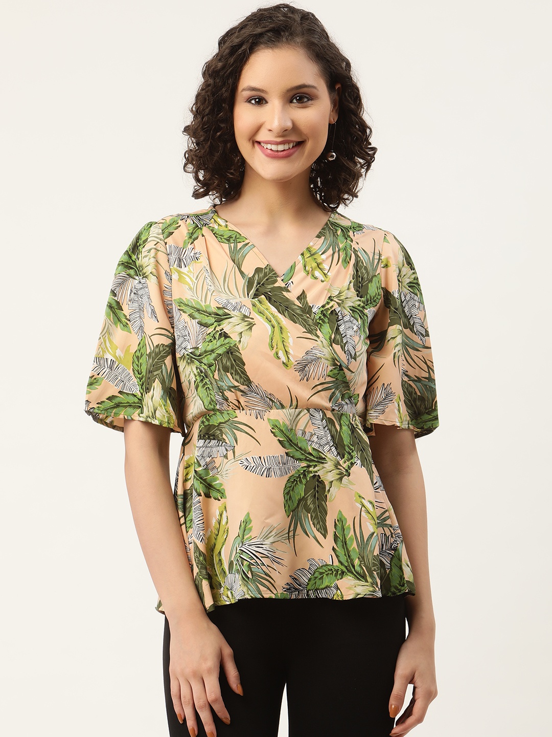 

ZIZO By Namrata Bajaj Women Green & Beige Tropical Print Crepe Wrap Top