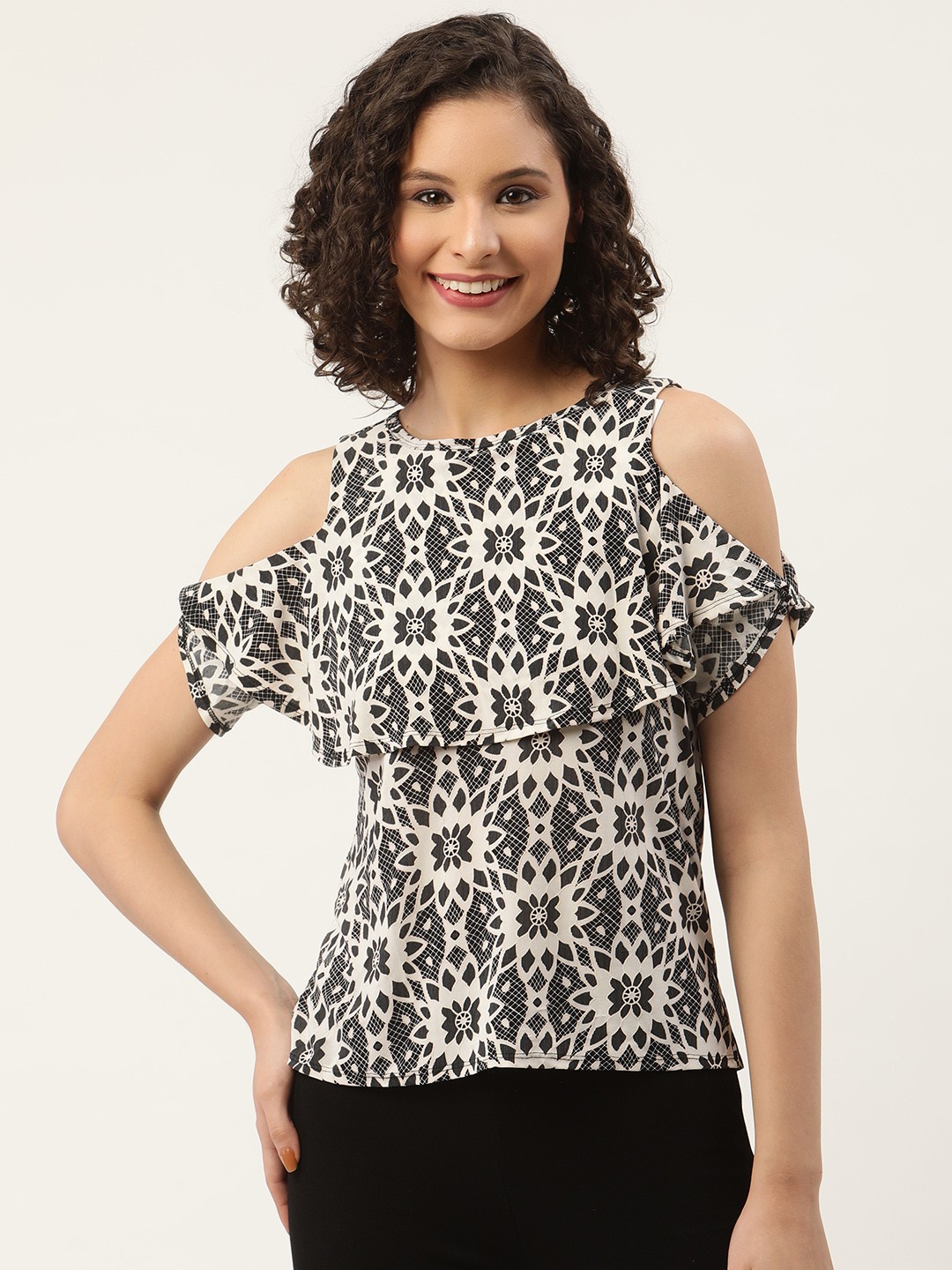 

ZIZO By Namrata Bajaj Women Floral Print Tiered Cold Shoulder Sleeves Top, Black