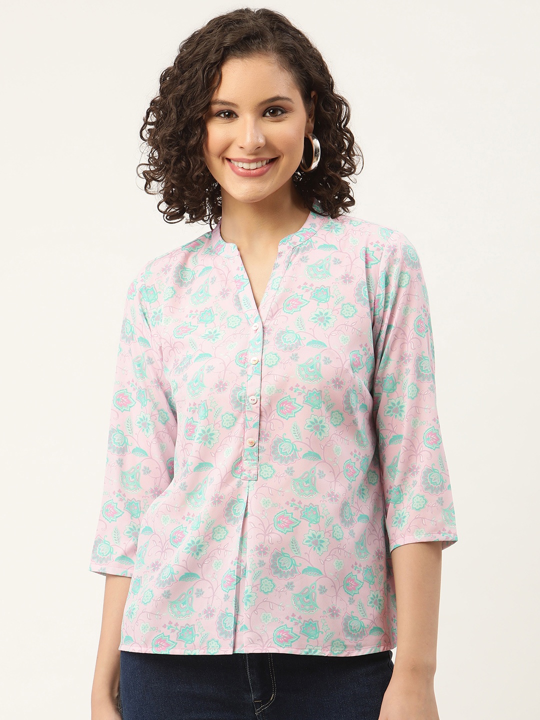 

ZIZO By Namrata Bajaj Women Floral Print Mandarin Collar Crepe Shirt Style Top, Pink