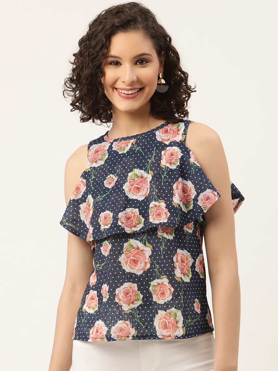 

ZIZO By Namrata Bajaj Women Navy Blue & White Floral Print Crepe Tiered Top