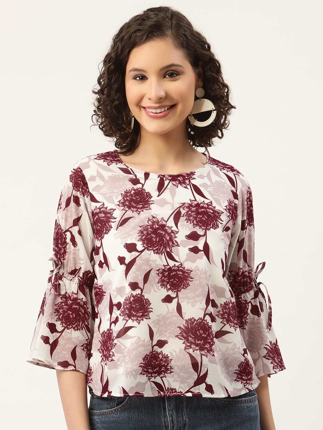 

ZIZO By Namrata Bajaj Women White & Maroon Floral Print Bell Sleeves Georgette Top
