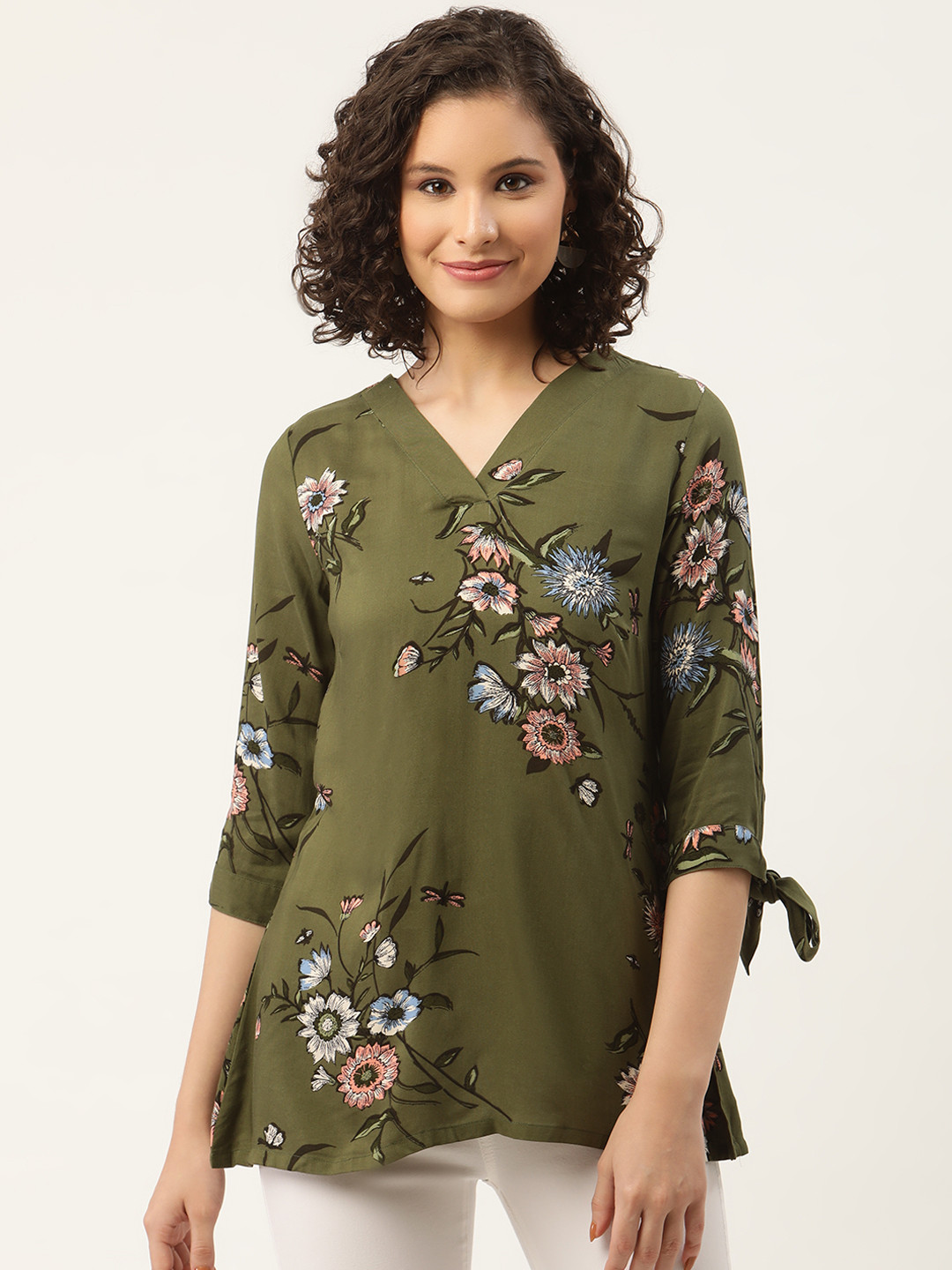 

ZIZO By Namrata Bajaj Women Olive Green & Blue Floral Print Top