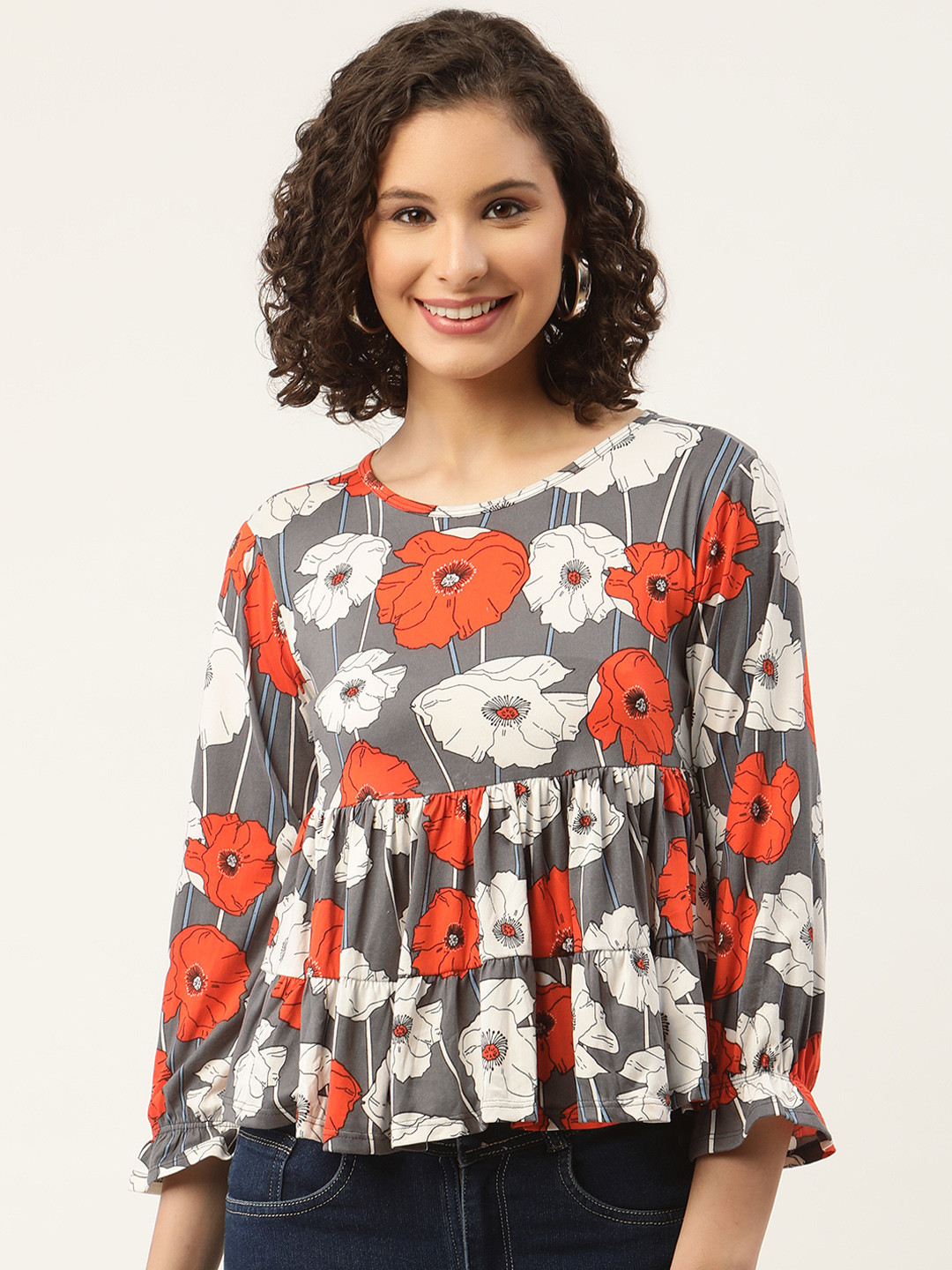 

ZIZO By Namrata Bajaj Women Grey & Red Floral Print Tiered Top