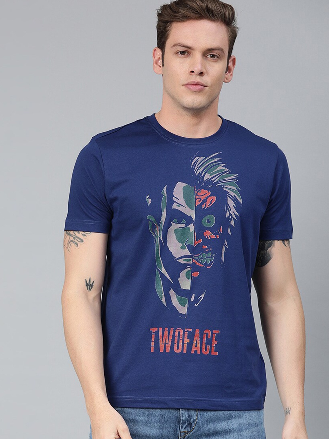 

Kook N Keech Batman Men Navy Blue Printed Pure Cotton T-shirt
