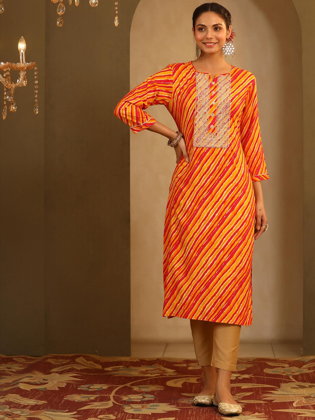 

SCAKHI Ethnic Motifs Yoke Design Printed Kurta, Orange
