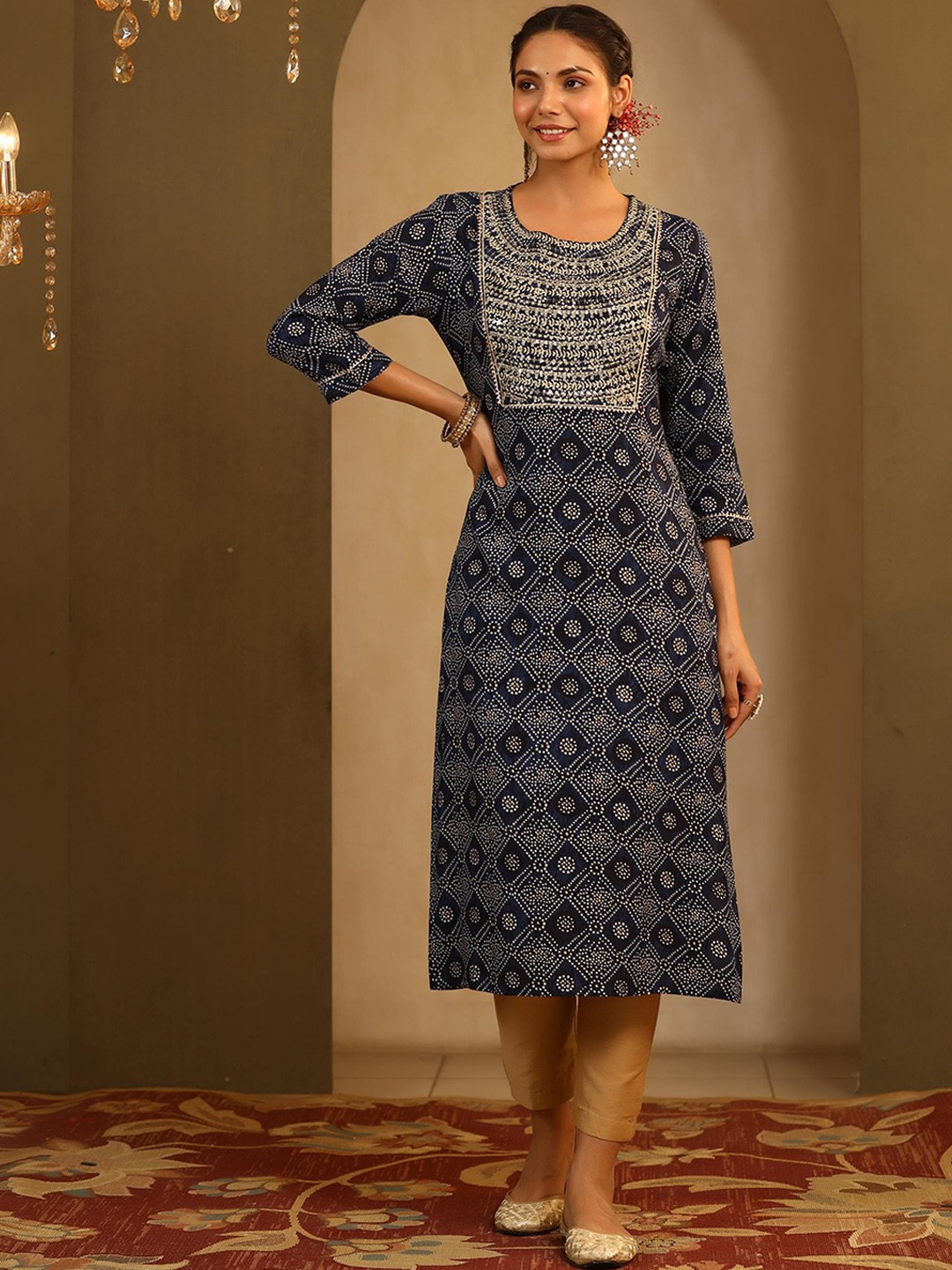 

SCAKHI Floral Printed Yoke Sequined A-Line Regular Kurta, Navy blue