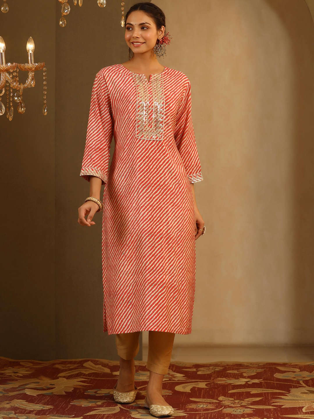 SCAKHI Notched Neck Leheriya Printed Chanderi Modal Kurta, Coral