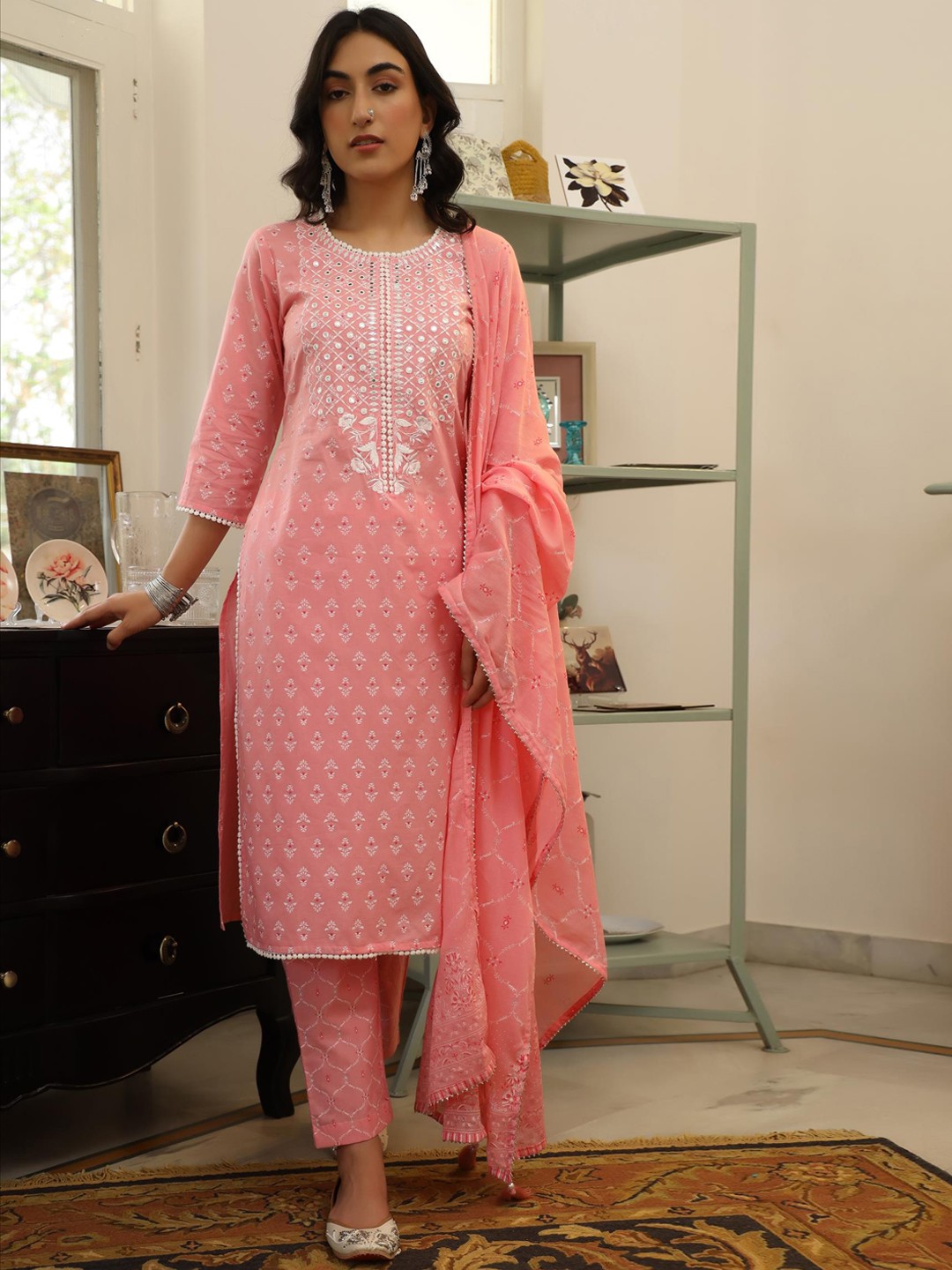 

SCAKHI Women Pink Ethnic Motifs Embroidered Mirror Work Pure Cotton Kurta with Trousers & With Dupatta