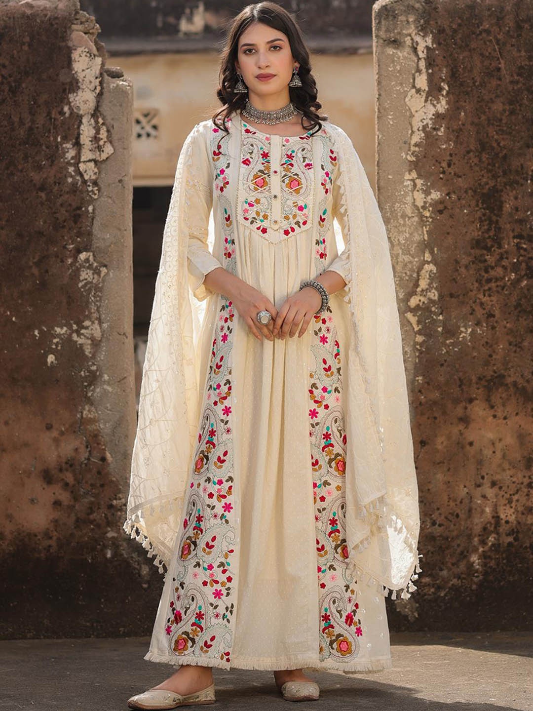 

SCAKHI Women Off White Printed & Embroidered Dobby Ethnic Dress with Dupatta