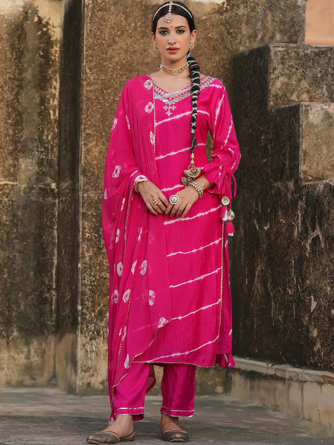 

SCAKHI Women Pink Leheriya Dyed Mirror Work Chanderi Cotton Kurta with Trouser & Dupatta