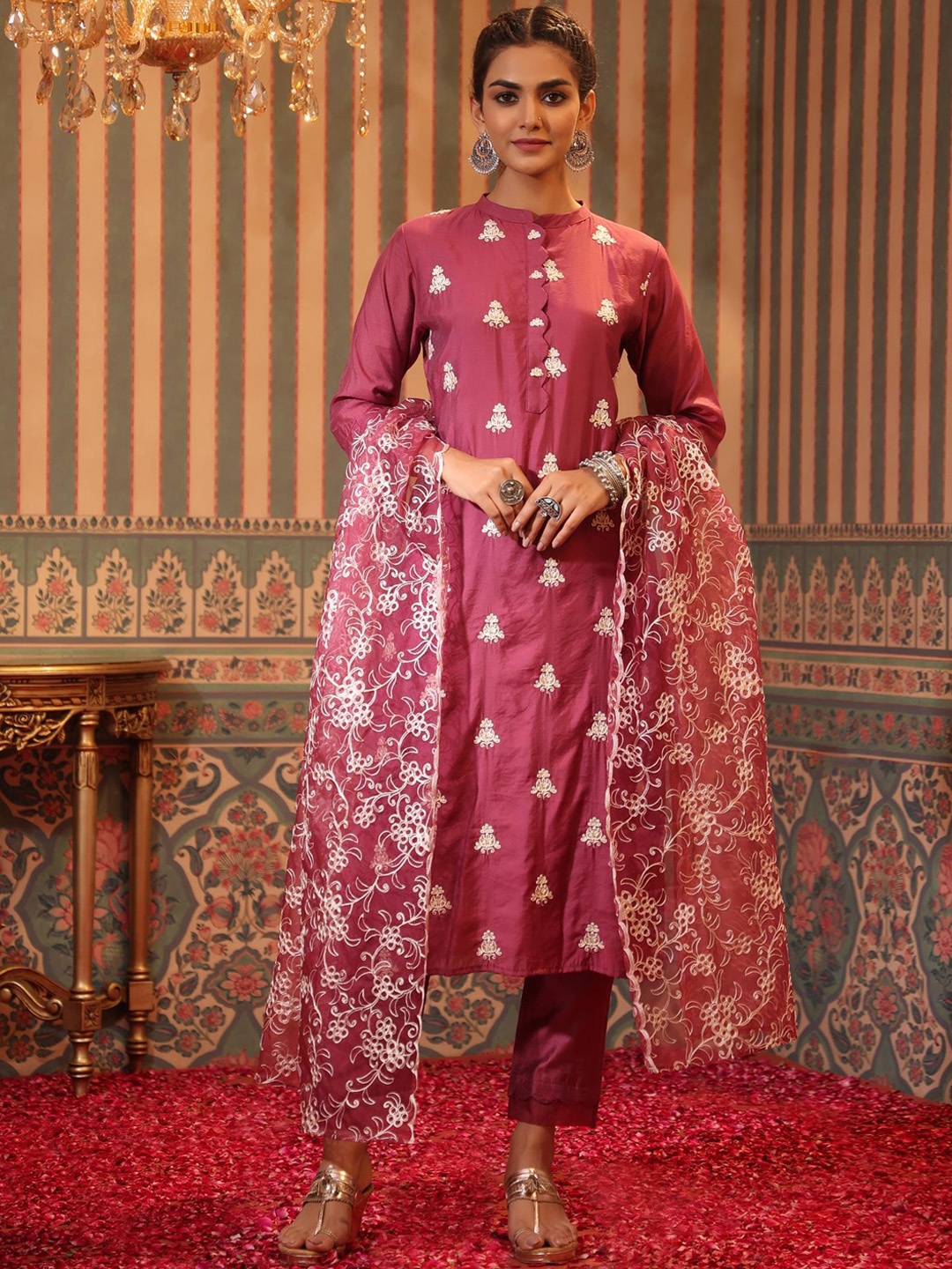 

SCAKHI Women Purple Floral Embroidered Chanderi Silk Kurta with Trouser & Dupatta