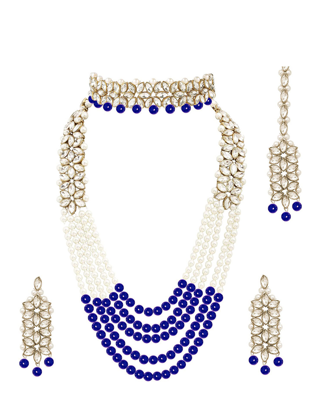 

Jewar Mandi Blue & White Gold-Plated Pearls Studded & Beaded Jewellery Set