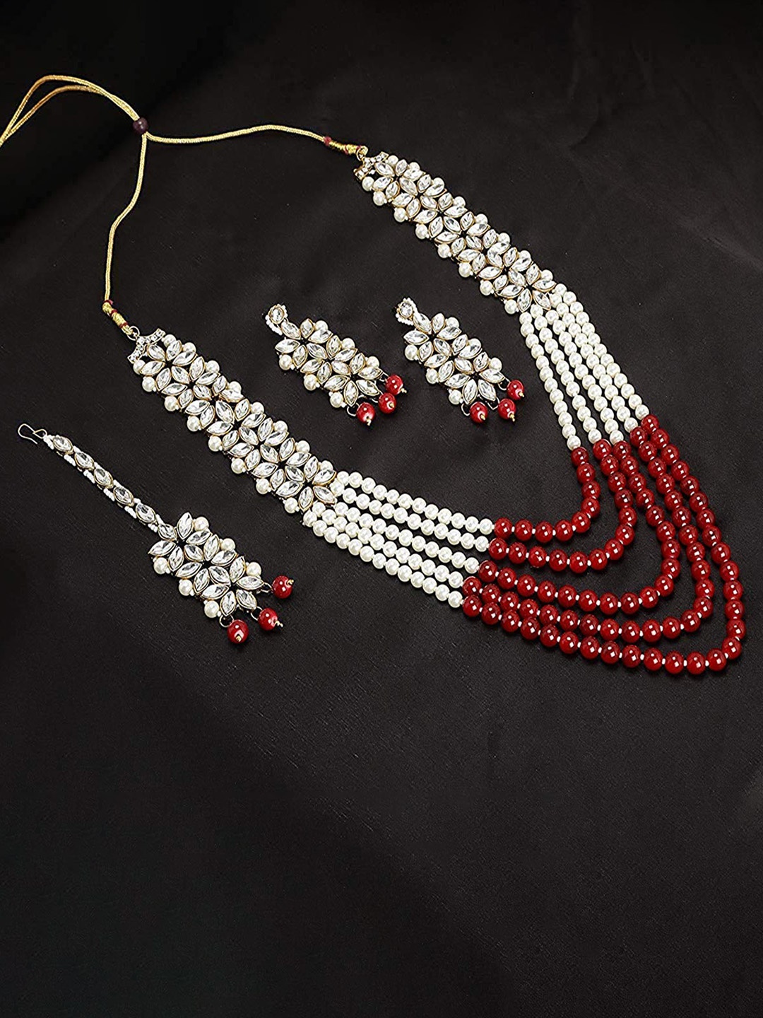 

Jewar Mandi Maroon & White Gold-Plated Pearls Studded & Beaded Jewellery Set