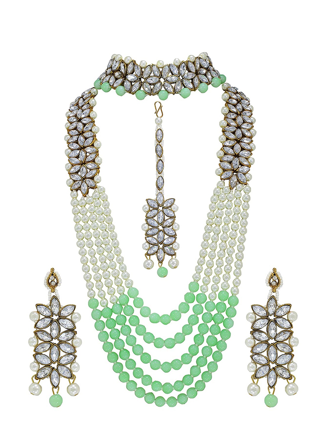 

Jewar Mandi Gold-Plated Lime Green & White Pearls Studded & Beaded Jewellery Set