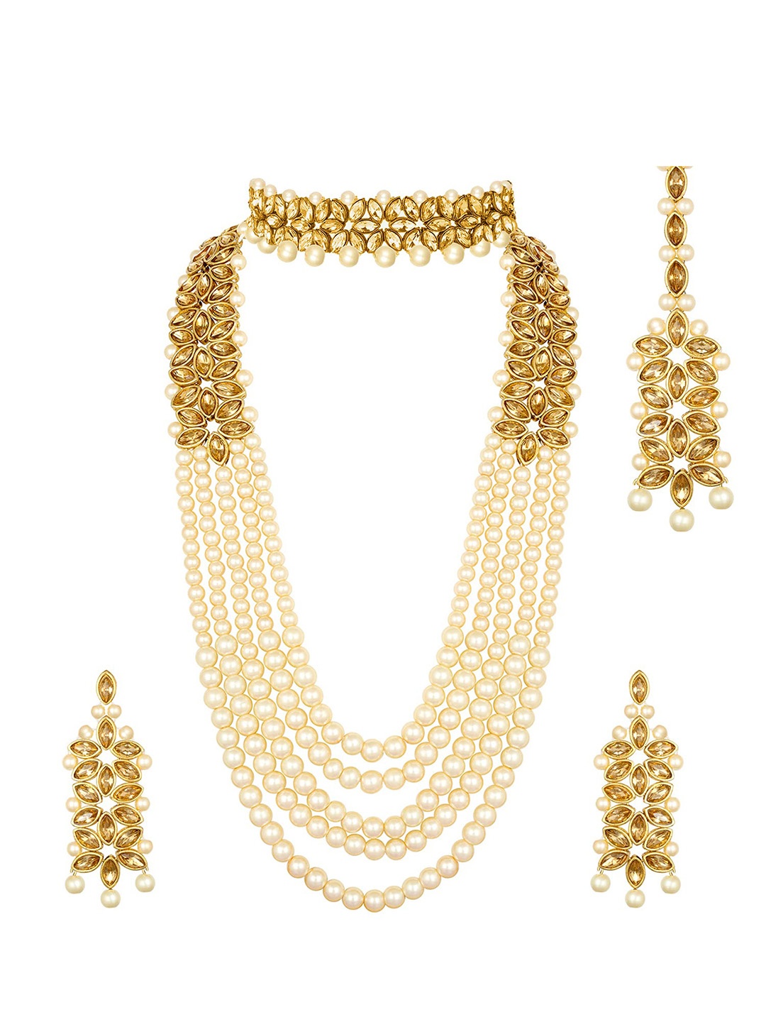 

Jewar Mandi White & Gold Toned Gold-Plated Pearls Studded & Beaded Jewellery Set