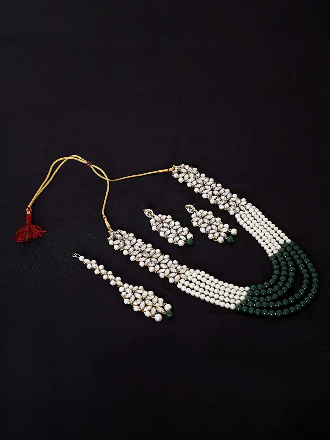 

Jewar Mandi Gold-Plated White & Green Stone-Studded & Pearl Beaded Jewellery Set