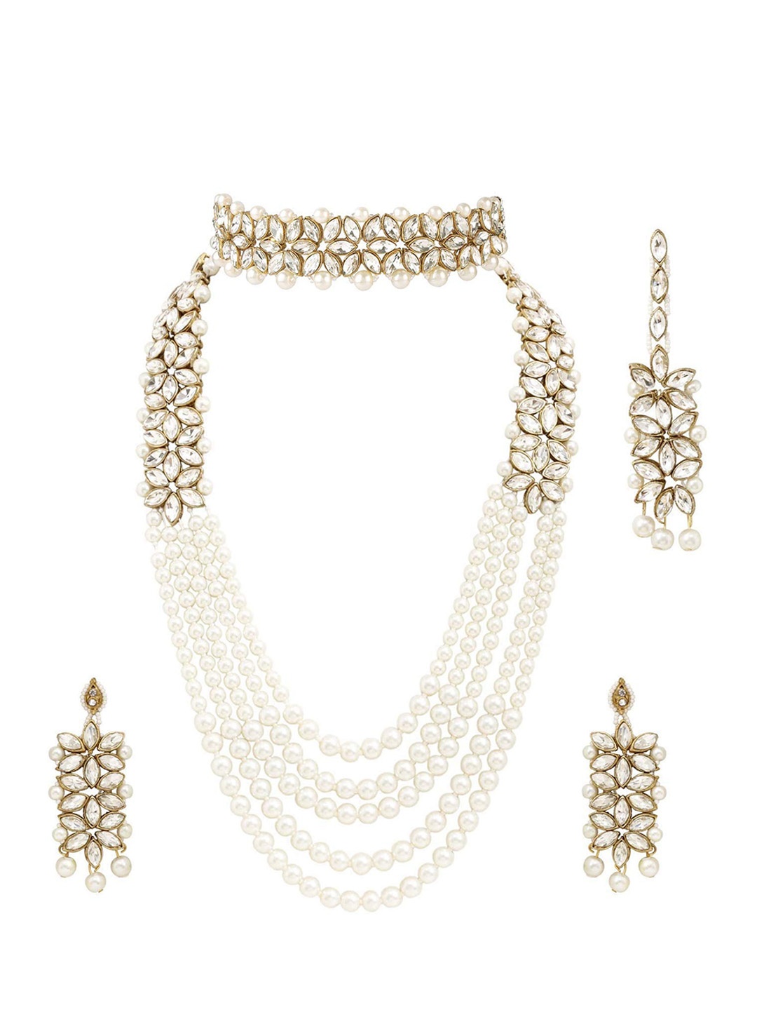 

Jewar Mandi White & Gold-Toned Gold-Plated Pearls Studded & Beaded Jewellery Set