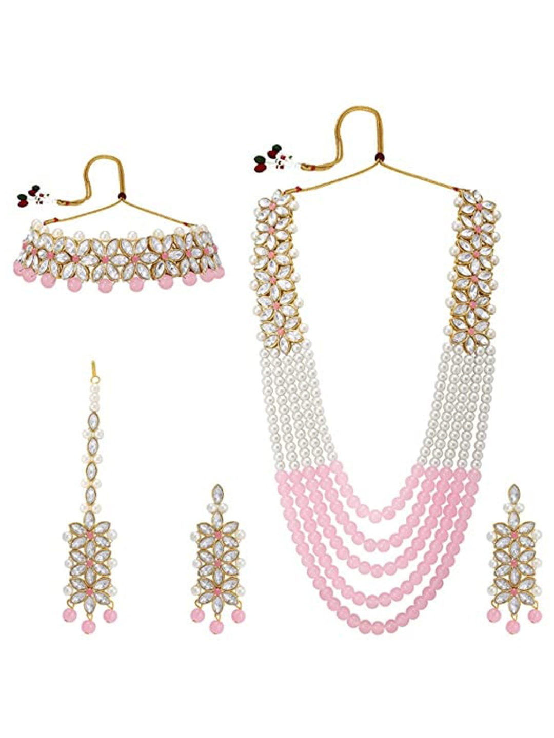 

Jewar Mandi Pink & White Gold-Plated Pearl Studded & Beaded Jewellery Set