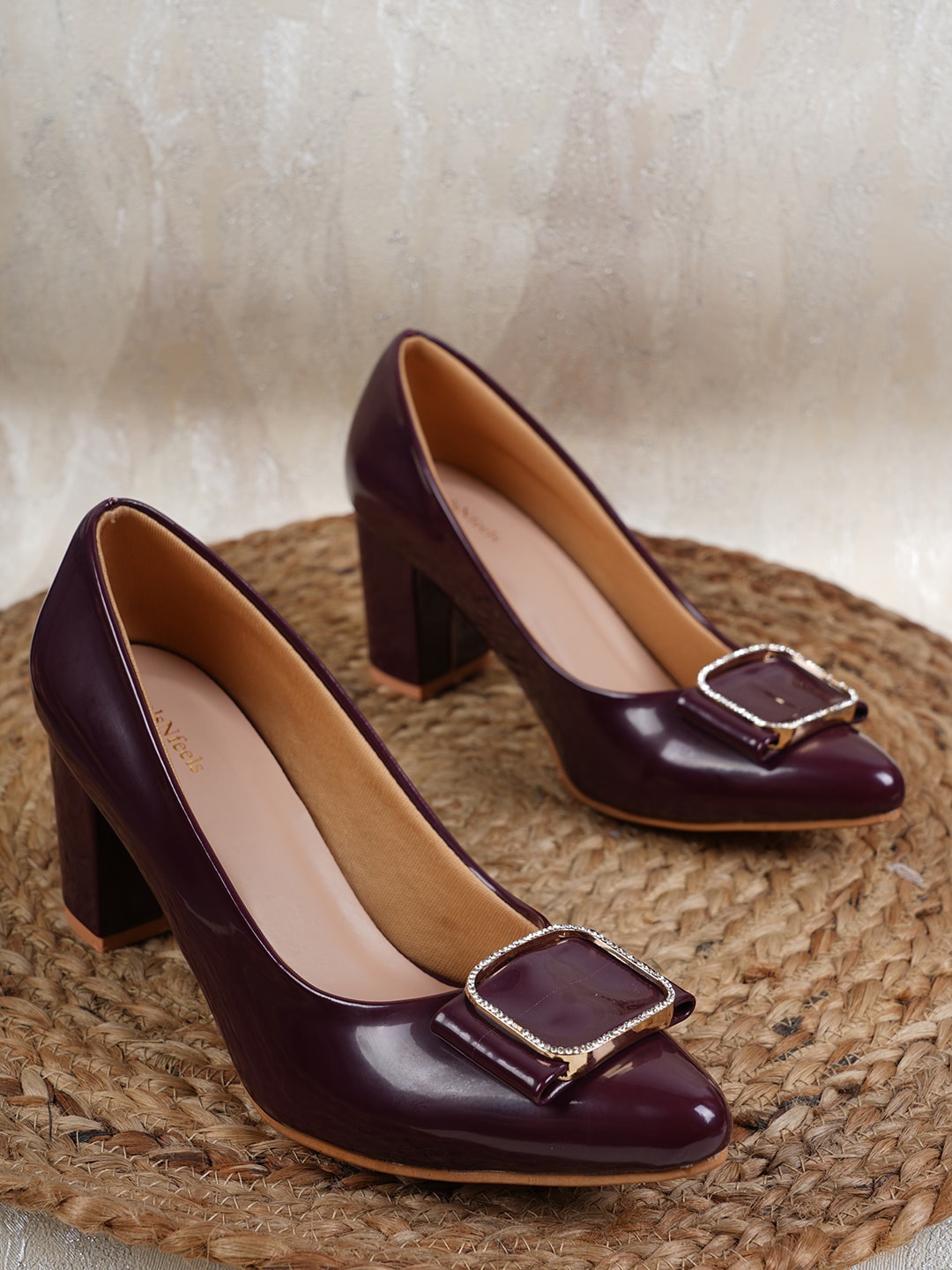 

HEELSNFEELS Maroon Block Pumps with Buckles