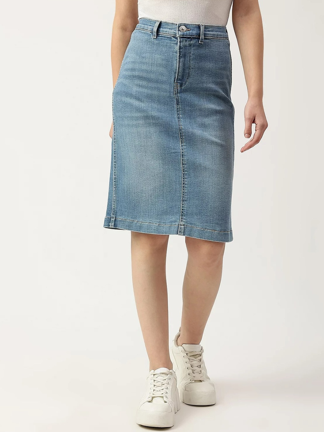 

Marks & Spencer Women Blue Solid Midi Straight Denim Skirt