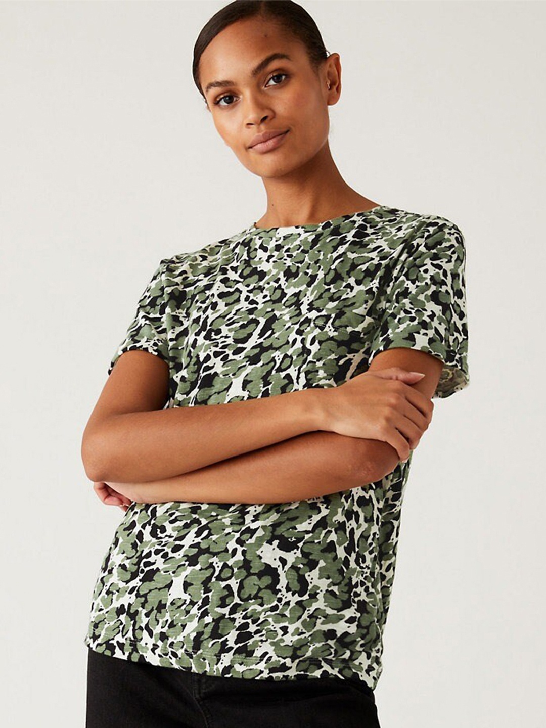 

Marks & Spencer Women Green & Black Printed Monochrome T-shirt