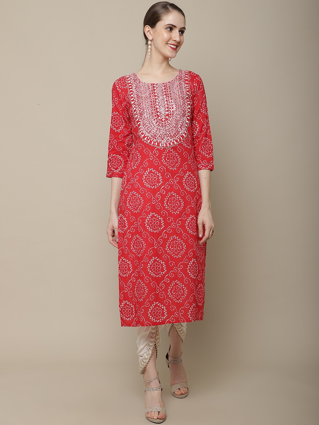 

Sangria Bandhani Printed Cotton Kurta, Red