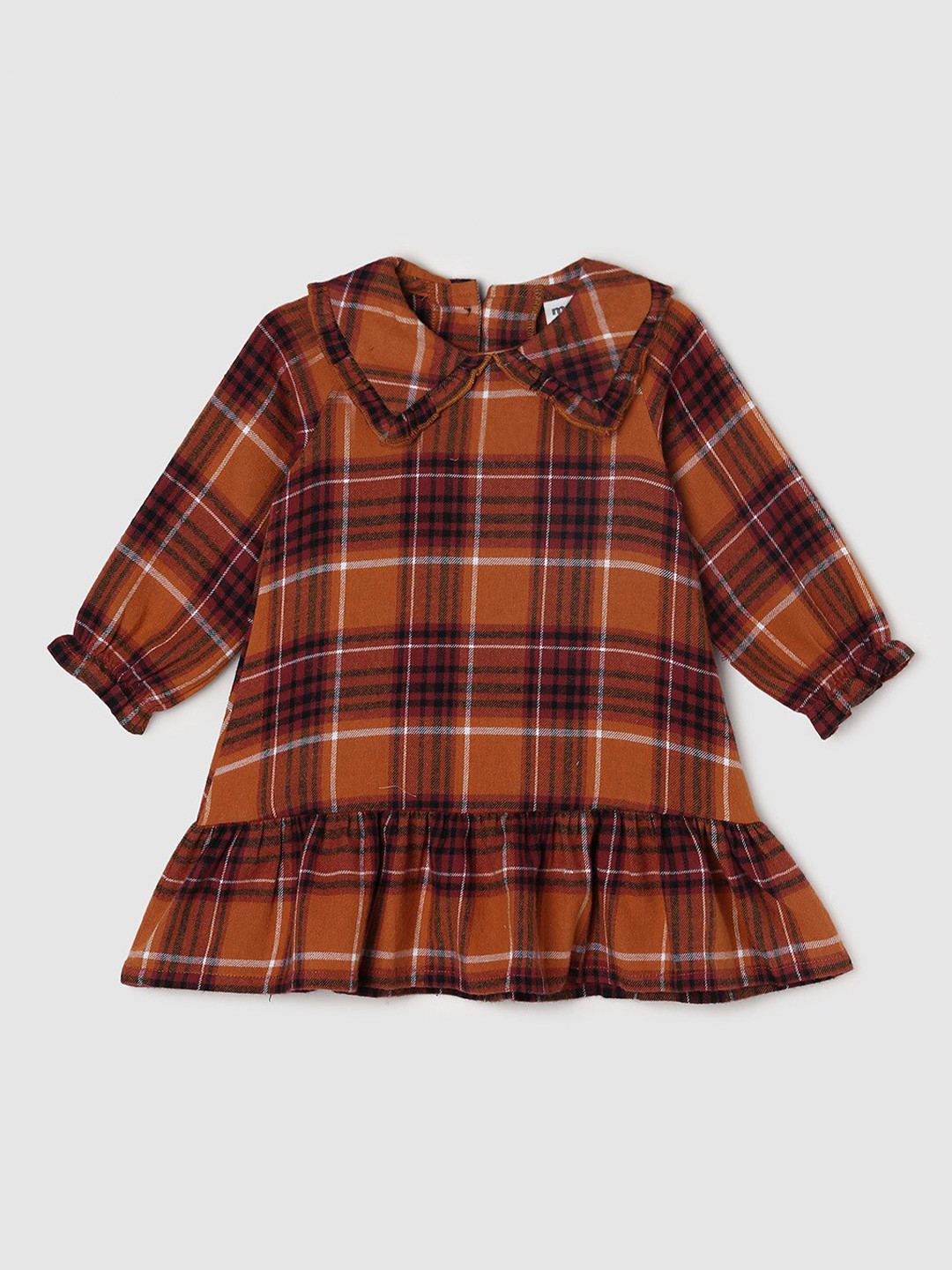 

max Girls Brown Checked Peter Pan Collar A-Line Cotton Dress