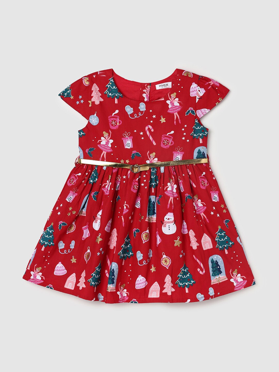

max Girls Red Cotton Dress With Belt