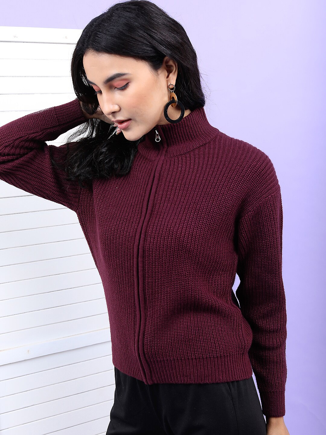 

Tokyo Talkies Women Maroon Long Sleeve Cardigan Sweater