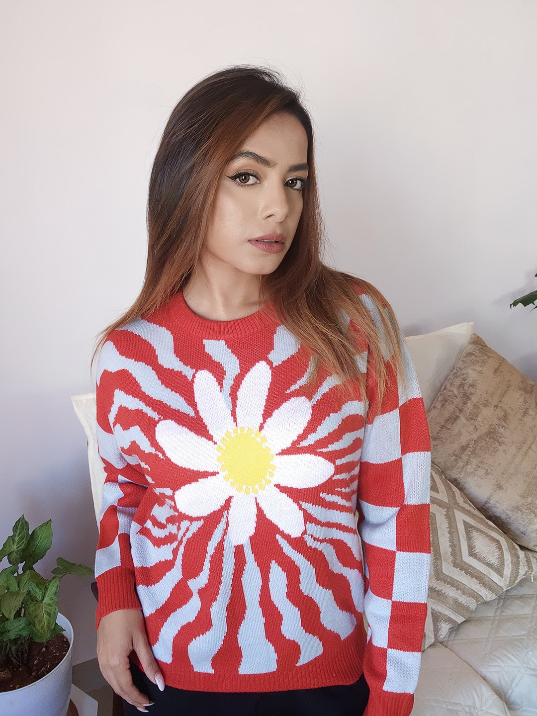 

Tokyo Talkies Women Red & White Floral Jacquard Pullover Sweater