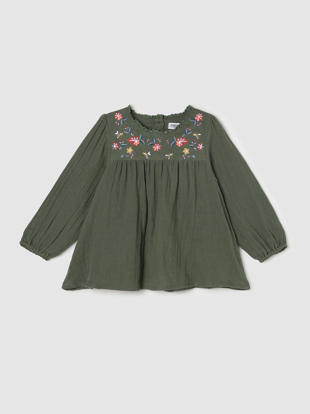 

max Olive Green Floral Embroidered Empire Pure Cotton Top