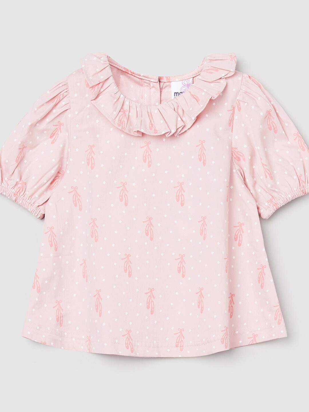 

max Girls Peach-Coloured & White Printed Ruffles Pure Cotton Top