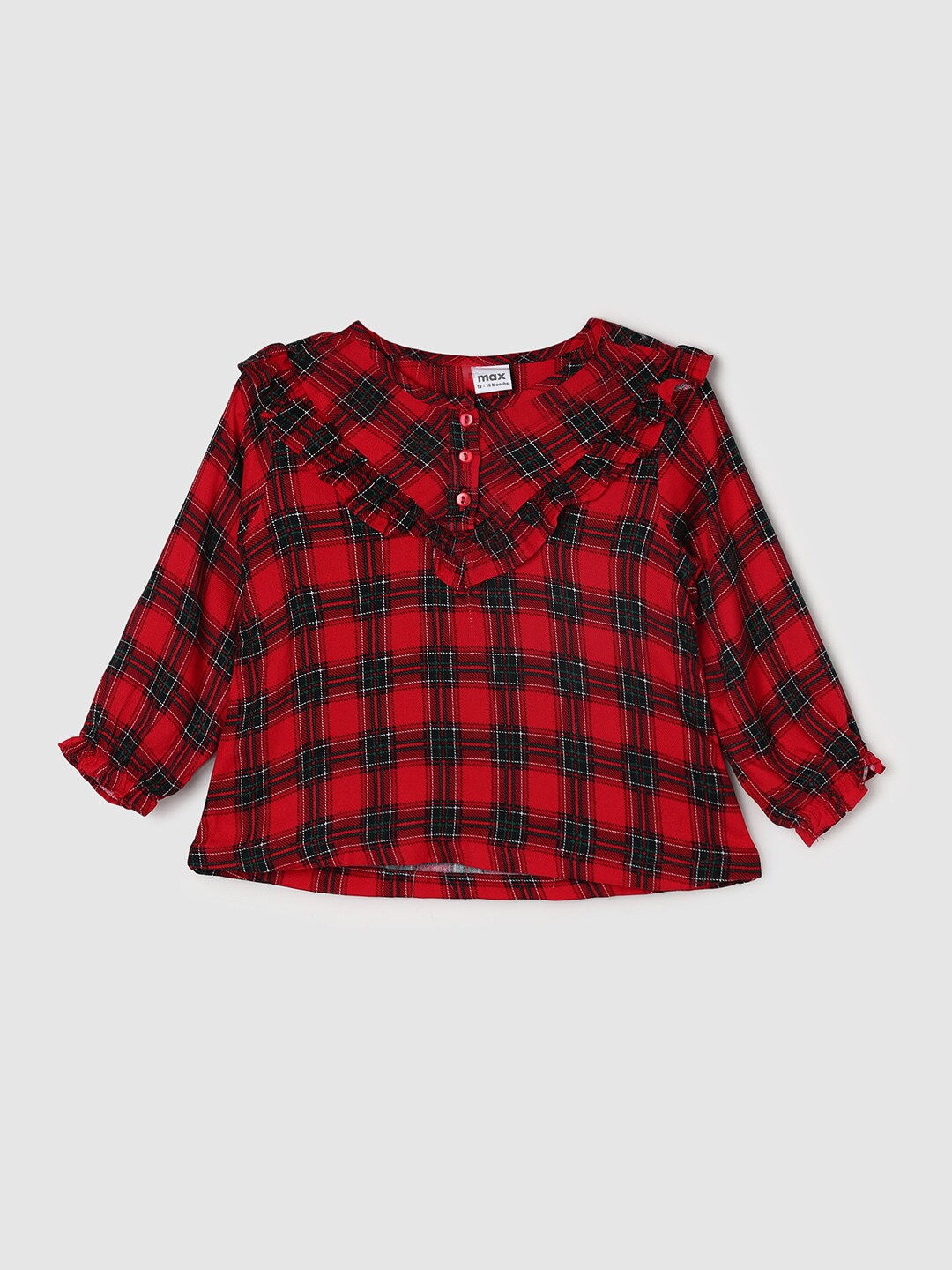 

max Girls Red & Black Checked Ruffles Shirt Style Top