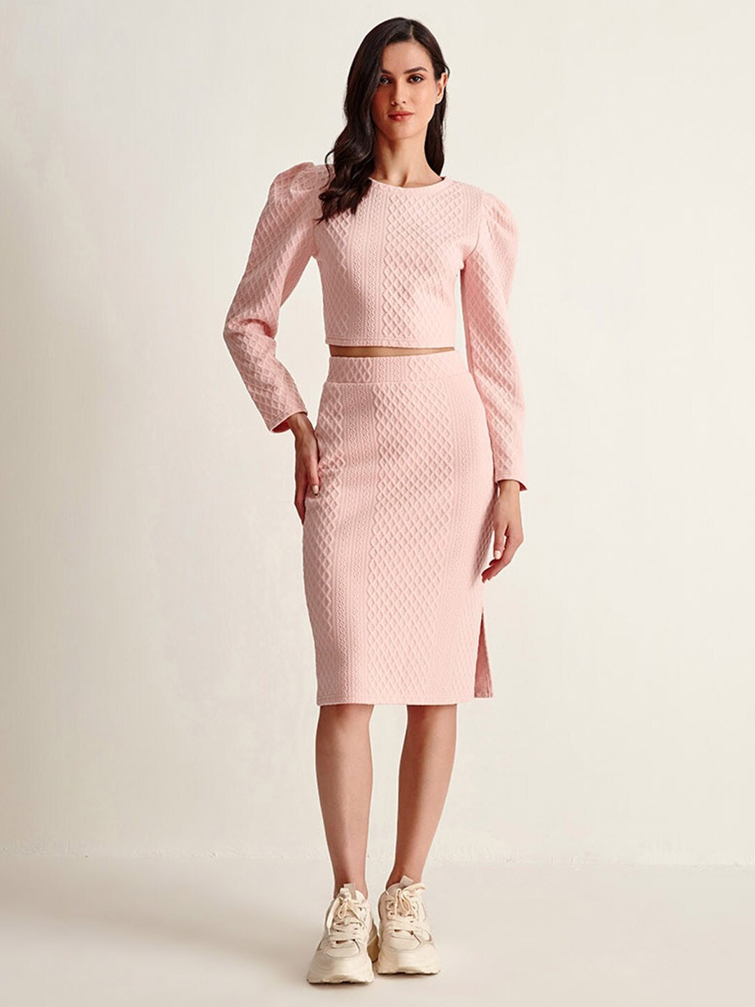 

COVER STORY Women Pink Self Design Round Neck Crop Pullover