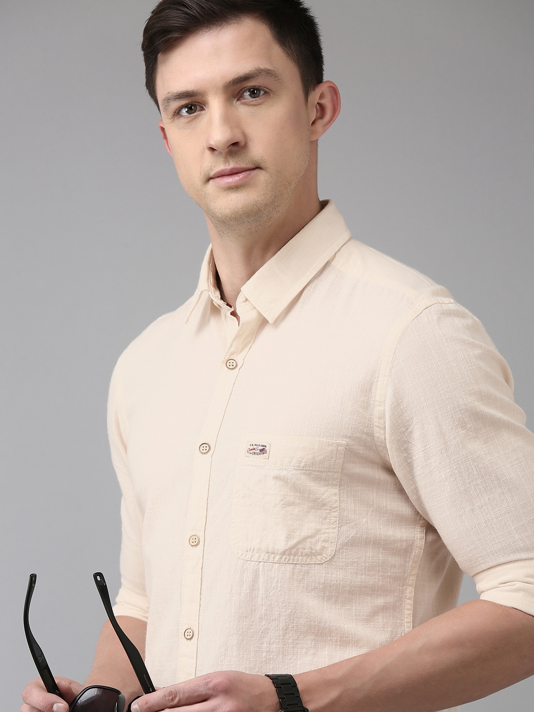 

U S Polo Assn Denim Co Men Off White Slim Fit Pure Cotton Casual Shirt