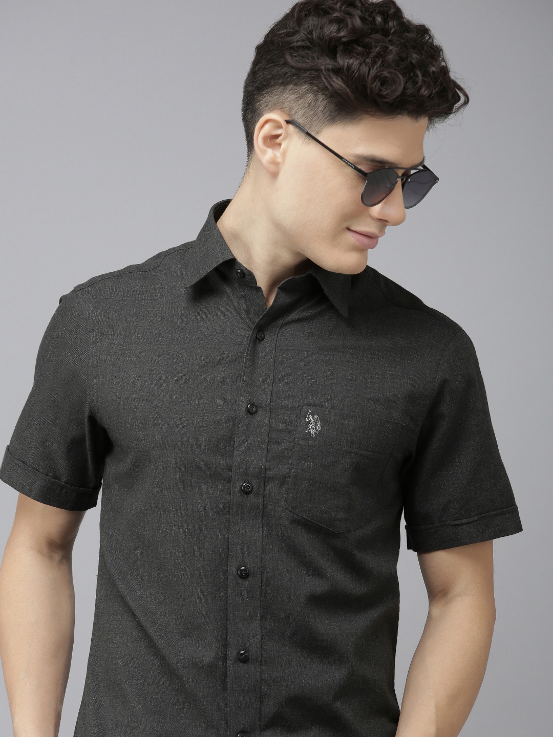 

U.S. Polo Assn. Men Charcoal Tailored Fit Pure Cotton Casual Shirt