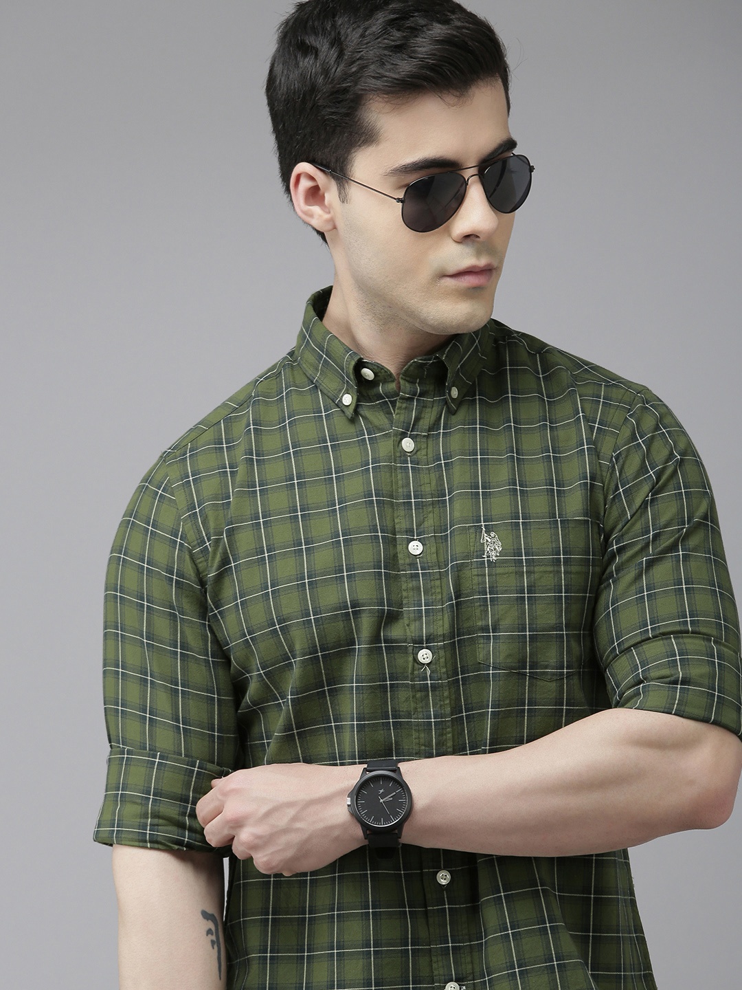 

U.S. Polo Assn. Men Olive Green Tartan Checked Pure Cotton Casual Shirt