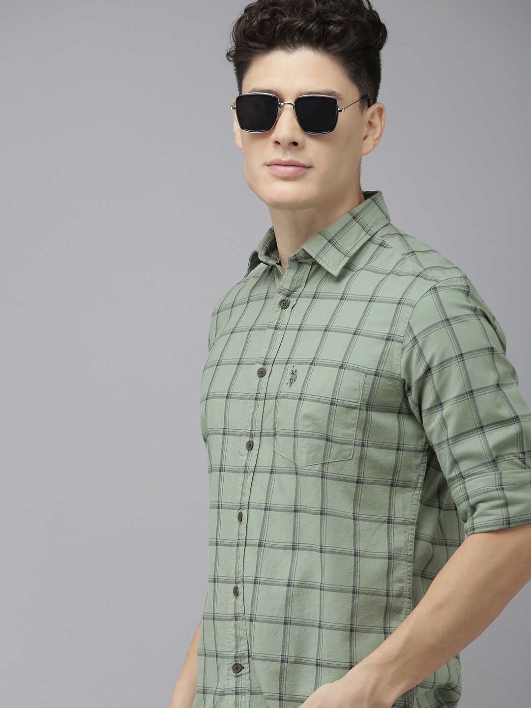 

U S Polo Assn Men Sage Green And Navy Blue Tailored Fit Checked Pure Cotton Shirt