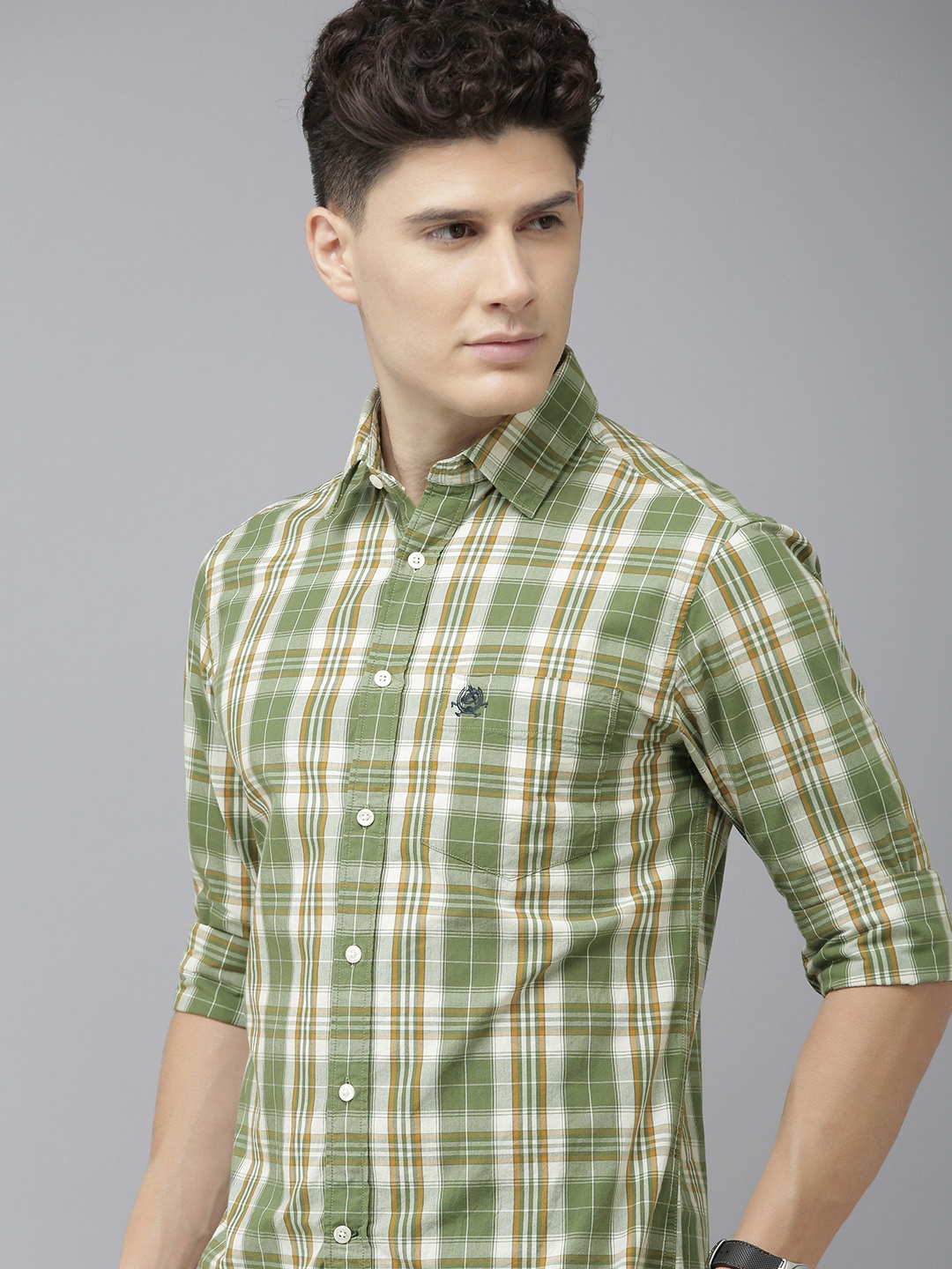 

U S Polo Assn Men Olive Green And Grey Tailored Fit Checked Pure Cotton Casual Shirt