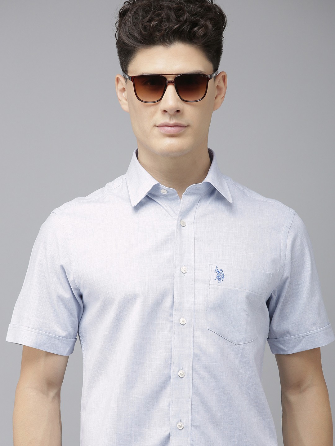 

U S Polo Assn Men Blue And White Self Design Tailored Fit Pure Cotton Casual Shirt
