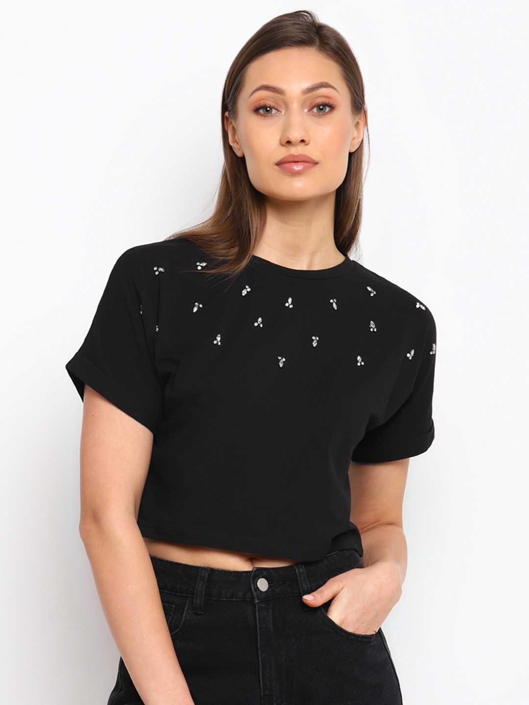 

COVER STORY Women Black Round Neck Extended Sleeves T-shirt