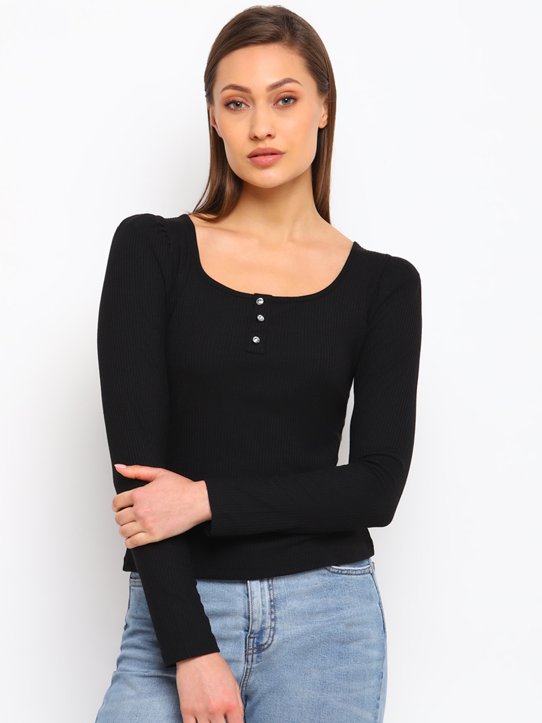 

COVER STORY Women Black Solid Long Puff Sleeves Regular Top