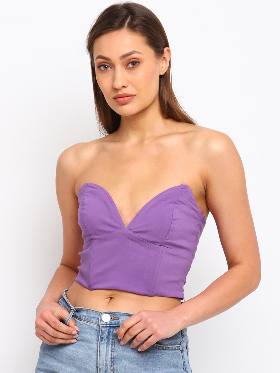 

COVER STORY Women Purple Solid Strapless Tube Crop Top